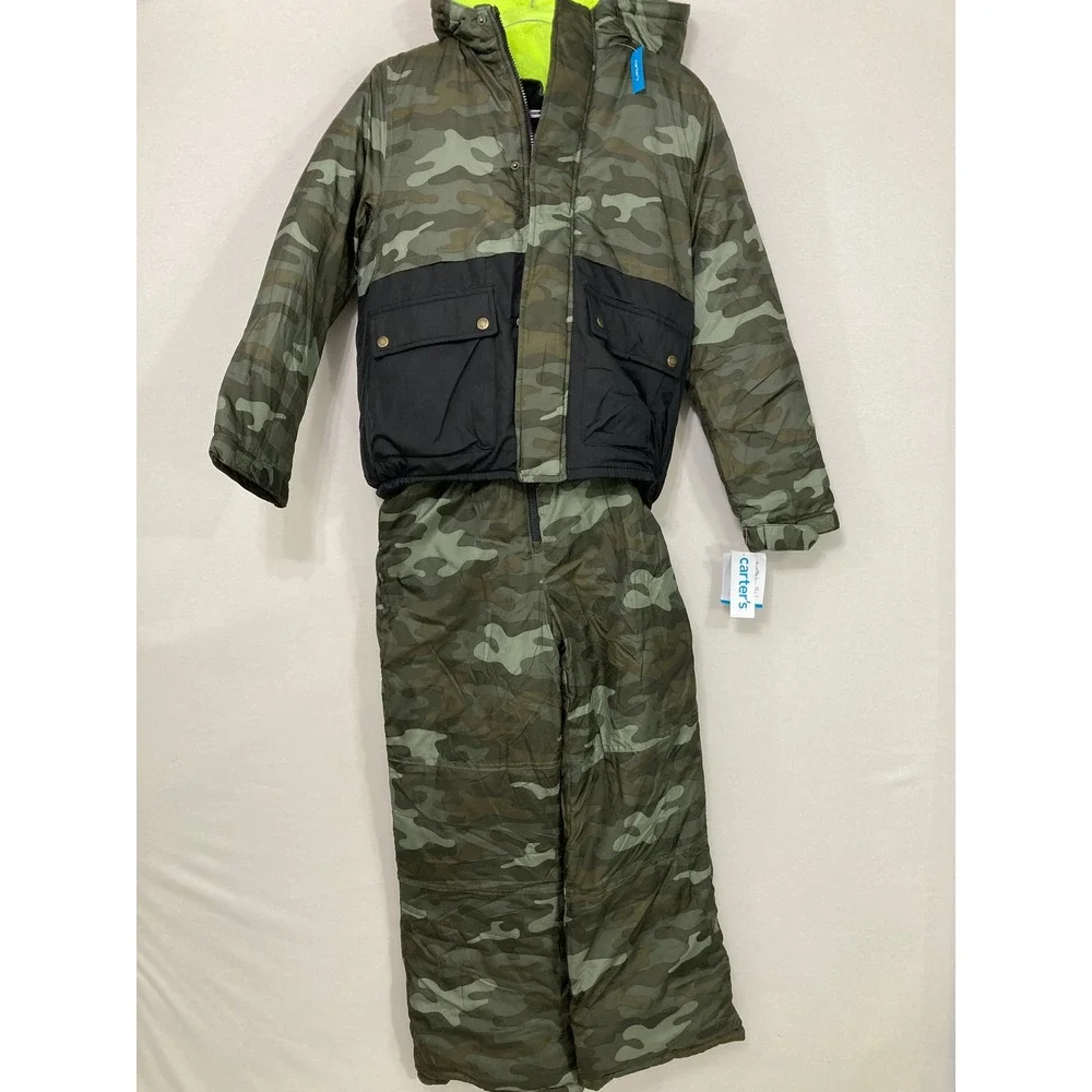 NWT Carters Boys 2 Piece Snowsuit 10/12 Green Camo Jacket Snow Bibs Winter Set